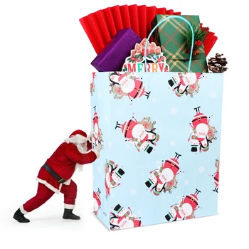 12ШТ Голям Коледен Принт Подарък Пакети коледа Дядо Коледа Крафт Хартиена Торба Подарък Чанта, голяма пазарска чанта