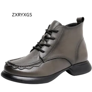 2022 г., Нови есенни обувки в стил ретро от телешка кожа, удобни обувки, през Цялата чорап, дантела, Цип отстрани, по-Големи Размери, Кожени обувки, дамски зимни Обувки