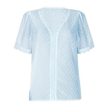 2022 Дамски Модни Нова Однотонная Шифоновая Риза с Дълбоко V-образно деколте, Бродирани Лейси Женска Тениска с Къс ръкав