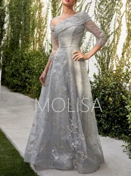 2023 Дантелени рокли за майката на булката Трапецовидна Форма с едно рамо и 3/4 ръкав Дължина за майката на младоженеца на Сватбата