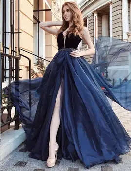 CloverBridal A Line Navy Blue Evening Gown Deep V Neck Tulle Long Prom Dress with Beading рокля на бала WE9588