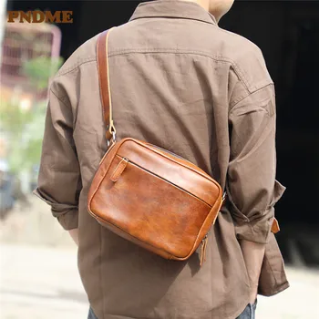 PNDME ежедневни проста луксозна мъжка чанта през рамо от естествена кожа, реколта натурална мека естествена воловья кожа, градинска ежедневни кафява чанта през рамо