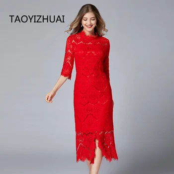 TAOYIZHUAI за жени дълго дантелено рокля есен неправилни средства за грижа за кожата на шията половината ръкав в червен цвят ежедневното стил Асимметрич