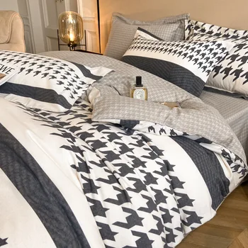 Есента памук комплект от четири обекта, утолщенное памучни стеганое одеяло с пясък, кърпи и спално бельо - леки луксозно спално бельо Nordic wind