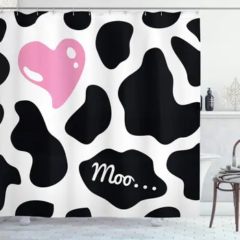 Завеса за Душ с Принтом Крава, Черно-бял Камуфляжный Модел с Модел под формата на розово Сърце Moo, Тъканно Кърпа за Баня