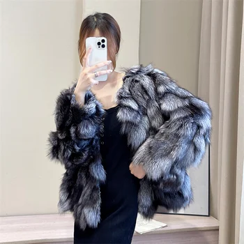 Зимно дамско палто от лисьего кожа 2022, Висококачествено Луксозно палто, Свободно Палто, с Кръгло деколте, Дебела Топло дамско палто