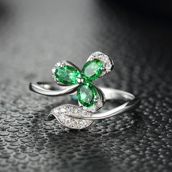 Креативен дизайн на S925 сребро с инкрустирани emerald скъпоценен камък, с три зелени листа, отварящ дамское пръстен, леки луксозни пресни бижута от висок клас