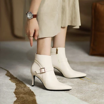 Модни дамски обувки на висок тънък ток, с остри страничен цип, новост зимата 2021 г.- H8-216