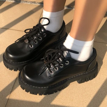 Нови дамски oxfords 2021 г.; сезон Пролет-Есен, Ежедневни обувки на платформа; Черна Кожена обувки Дантела; Мода Модни обувки на плоска подметка с кръгло бомбе