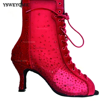 Обувки За латино Танци за салса, бални Танци, Кизомбы, Социална Обувки По Поръчка, Черни, Червени Фланелен Женски Танцови Обувки С Кристали