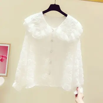 Пролет-есен Нова Риза с дълги ръкави и яка кукла, дамски Ежедневни Универсална Риза, Модни Дамски Лейси блуза, Бели потници, mujer