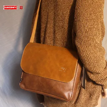 Ретро Мека Кожена Мъжка Чанта-Месинджър, Модерна Мъжка Чанта През Рамо, Хоризонтални Универсални Студентски чанти през Рамо със стил Колеж