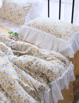Романтична пасторальный жълто-сиво-комплект спално бельо, цветен и пълен с кралицата на поп памук двойна начало текстилни покривки чаршаф калъфка
