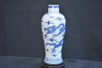 Рядка порцеланова ваза QingDynasty, бяла и синя, Drgon, боядисване, Декорации, колекция от Декорации и