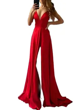 Секси Дълга Червено Атласное Рокля за Абитуриентски бал с V-образно деколте и Цепка се кръстосват на гърба си, една Вечер Вечерна рокля с Дължина до пода, Плиссированное Вечерна рокля с V-образно деколте